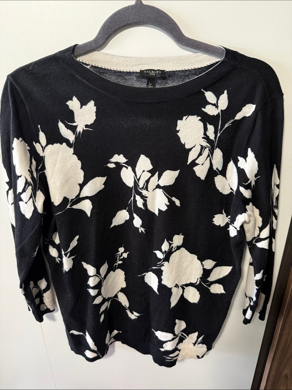 Talbots Black Sweater with Cream Floral Motif